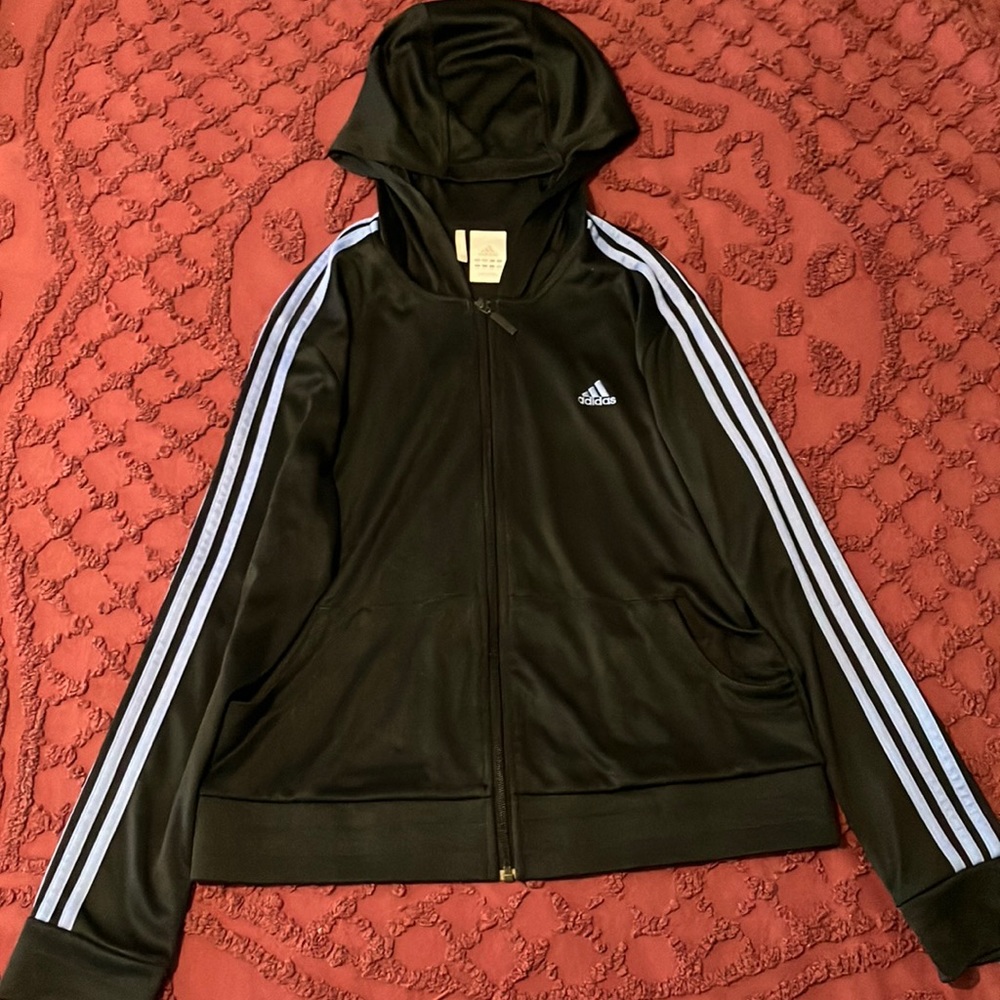 ADIDAS Clima365 Hoodie, Women’s Large, black with 3 light blue stripes.